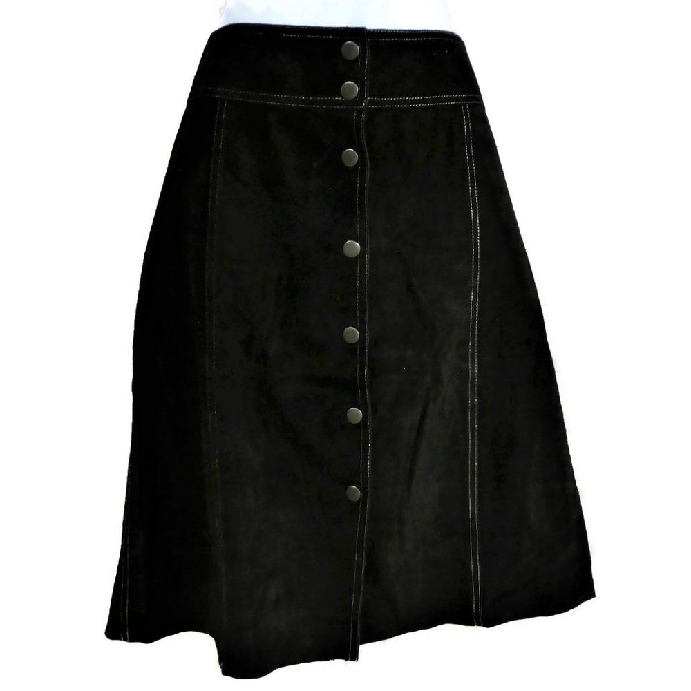 Theory Skirt Suede Leather Black Snap Front A Line Panel 6 Small